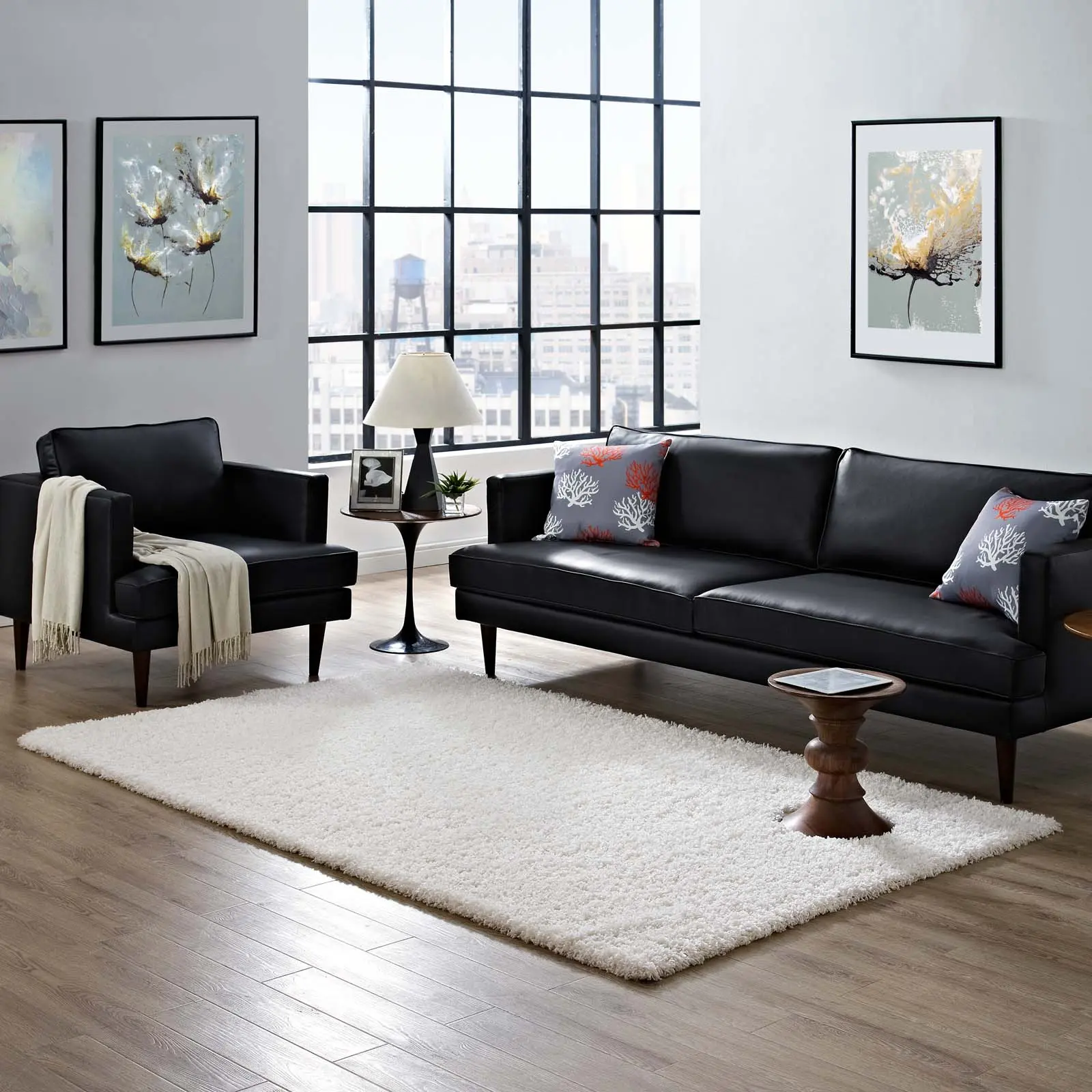 Modway Enyssa Solid 5x8 Shag Area Rug in Ivory White
