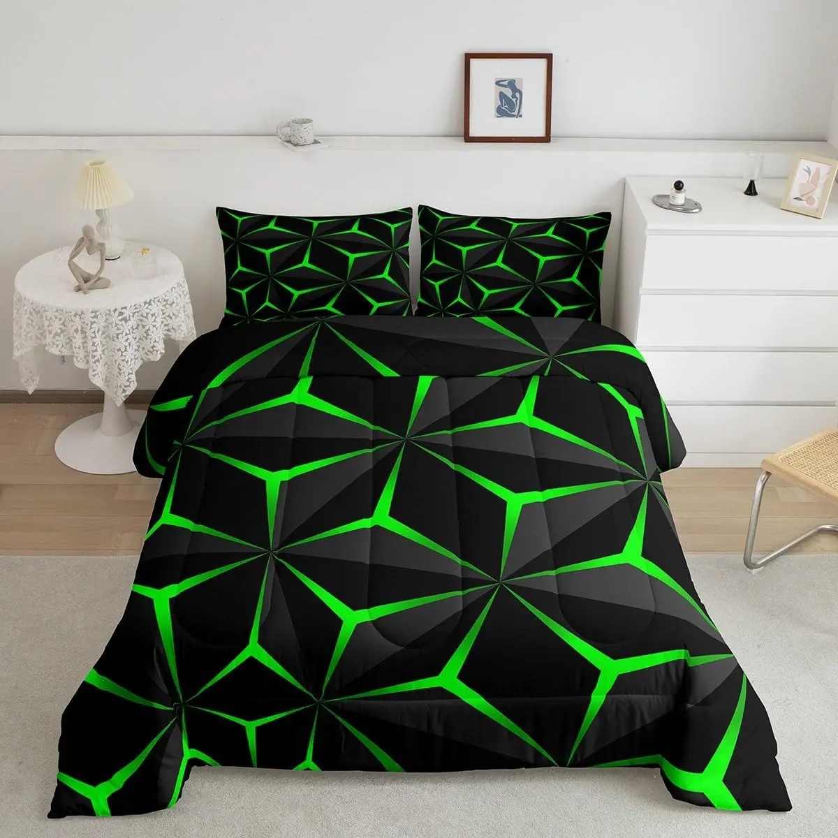 Feelyou 3D Neon Honeycomb Green Geometric Stereoscopic Duvet Set, Luxury Designer Breathable Bedding, All-Season Bedroom Decoration, Breathable Duvet Set, Bedding Sets, Unique Bedding Sets