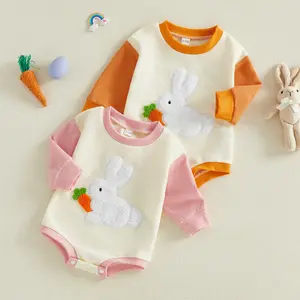 Infant Baby Easter Boys Girls Romper Adorable Rabbit Carrot Embroidery Long Sleeve Crew Neck Jumpsuit 0-18 Months