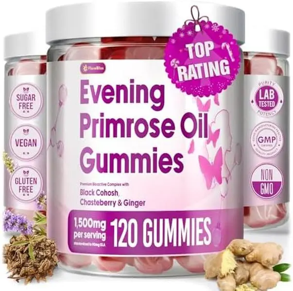 FloraBliss 120 Evening Primrose Oil Gummies | 1500mg | with Black Cohosh, Chasteberry, Ginger Extract for Daily Women's Wellness Support | Vegan, Non-GMO, Sugar-Free