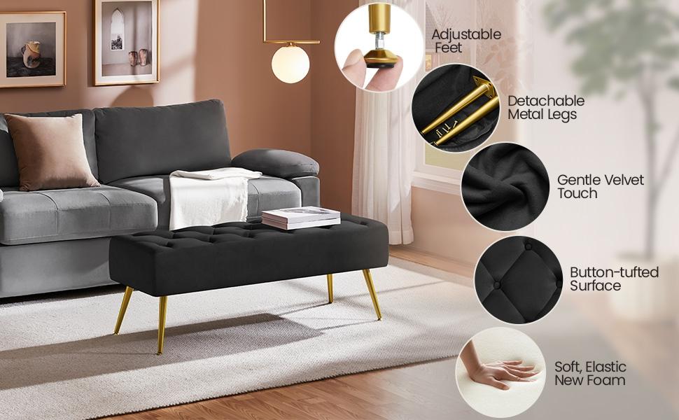 Yaheetech Ottoman Footstool Bench Boucle/Velvet Benches Upholstered Footrest with Gold Metal Legs and Padded Seat for Living Room