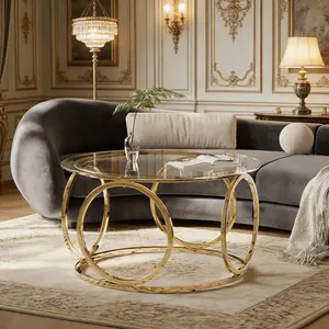 31.5" Round Glass Coffee Table | Modern Gold Metal Frame | Clear Tempered Glass Top for Living Room, Office | Gold