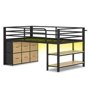 Twin Size Low Loft Bed with 6 Storage Drawers and LED Lights Black & Natural