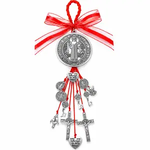 Saint Benedict Carved Medal Hanging Decor - Catholic Protection Blessing Charm, St Benedict Crucifix Amulet, Automotive Decorative Accessories, Car Ornaments for Men, Faith Decor for Car Rear View Mirror & Home, Father’s Day/Birthdays Religious Gift