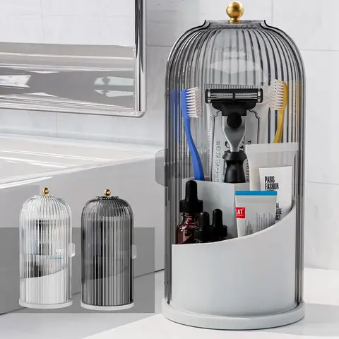 Classic Freestanding 3-Slot Plastic Toothbrush Holder - Bathroom Gadgets with 360-Degree Rotation, 490g Lightweight Transparent Durable Dust Cover, Multifunctional Vanity Organizer for Electric Toothbrushes & Toothpaste, Family Gift