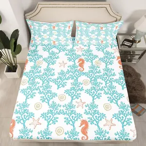 Blue Summer Nautical Bed Sheets Set Beach Ocean Theme Bedding Set for Kids Boys Girls Coastal Fitted Sheet Soft Microfiber,No Flat Sheet