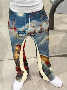 Men's Loose Fit Christmas Train Deer Print Pants, Casual Sporty Streetwear, Fitted Long Pants for All Seasons, Hip Hop Vintage Style, Chic Comfy Pants