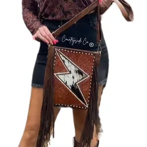 Countryside Co. Bronco Tooled Leather Bolt Everyday Purse with Genuine Cowhide, Hand Painted, 10.5x9.5x2.5 Inches handbags Women's Adjustable Crossbody Shoulder Bag