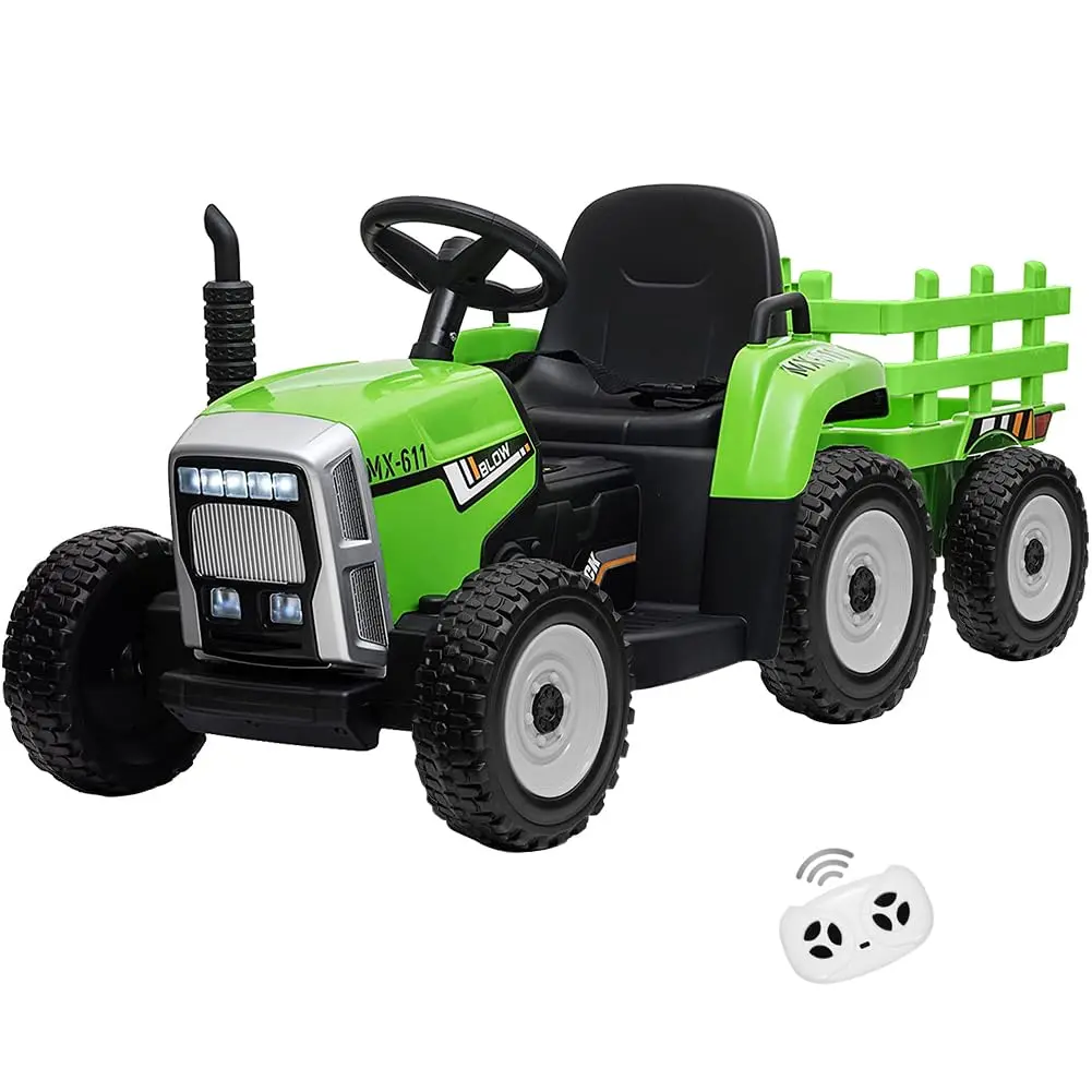 GARVEE 12V 3-4 Years Toddler Battery-Powered Electric Ride-On Tractor, Green Trailer, Remote Control, Slow Start, 7 LED Headlights, USB/MP3/Bluetooth Music Player, 2+1 Gear Shift, 35W Motor, EVA Tires, Seat Belt, Armrest, Outdoor Kids Ride-On Toy