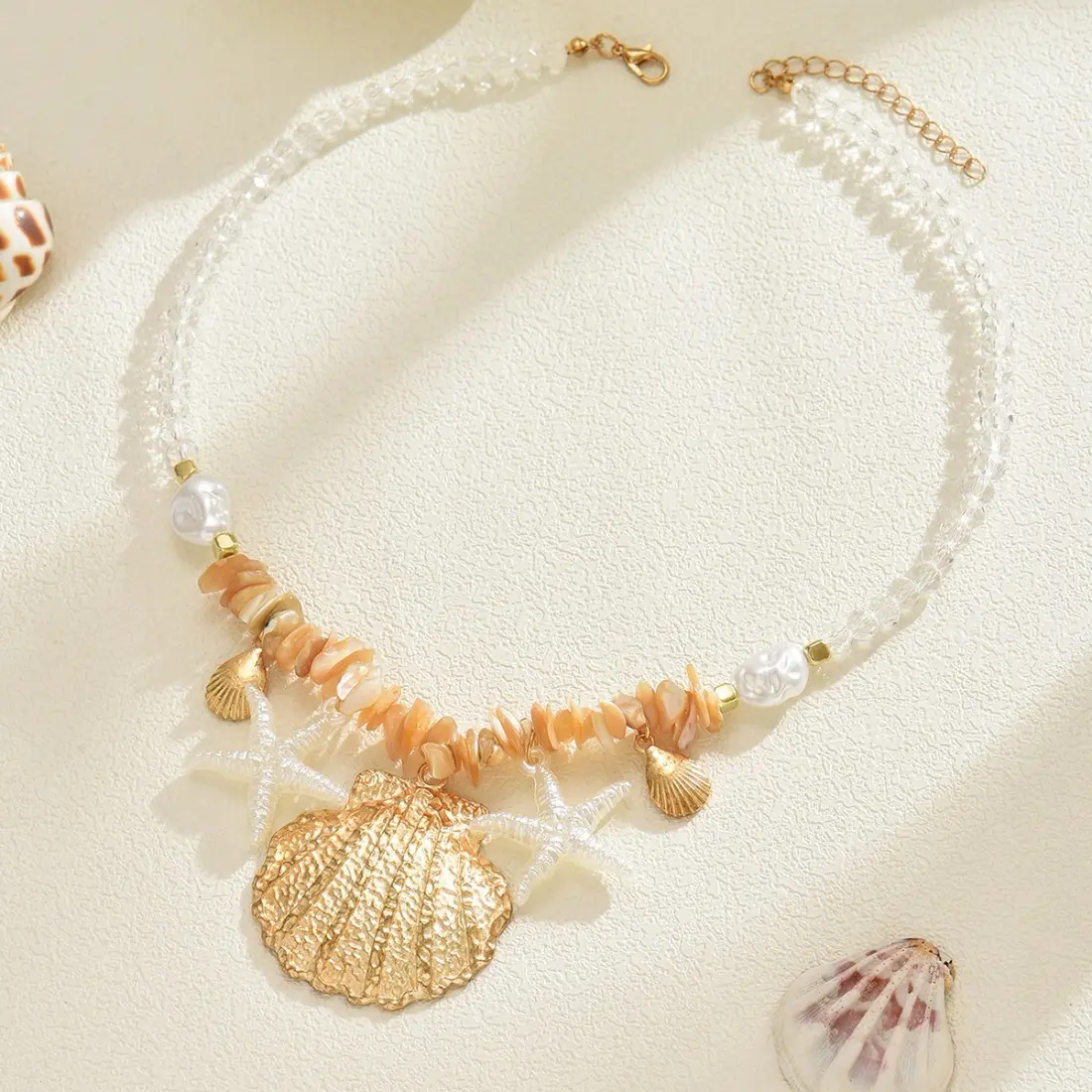 Ocean Inspired Shell Pearl Pendant Necklace, Bohemian Beach Jewelry for Women, Summer Coastal Clavicle Chain, Lightweight Layered Accessory for Vacation, Cruise, Resort & Seaside Outfits