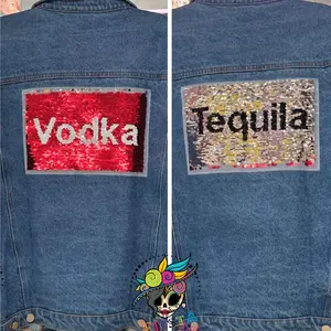 Vodka Tequila Sequin Denim Jacket with Reversible Sequin Patches for Stylish Outfits Womenswear Coats Outerwear Casual