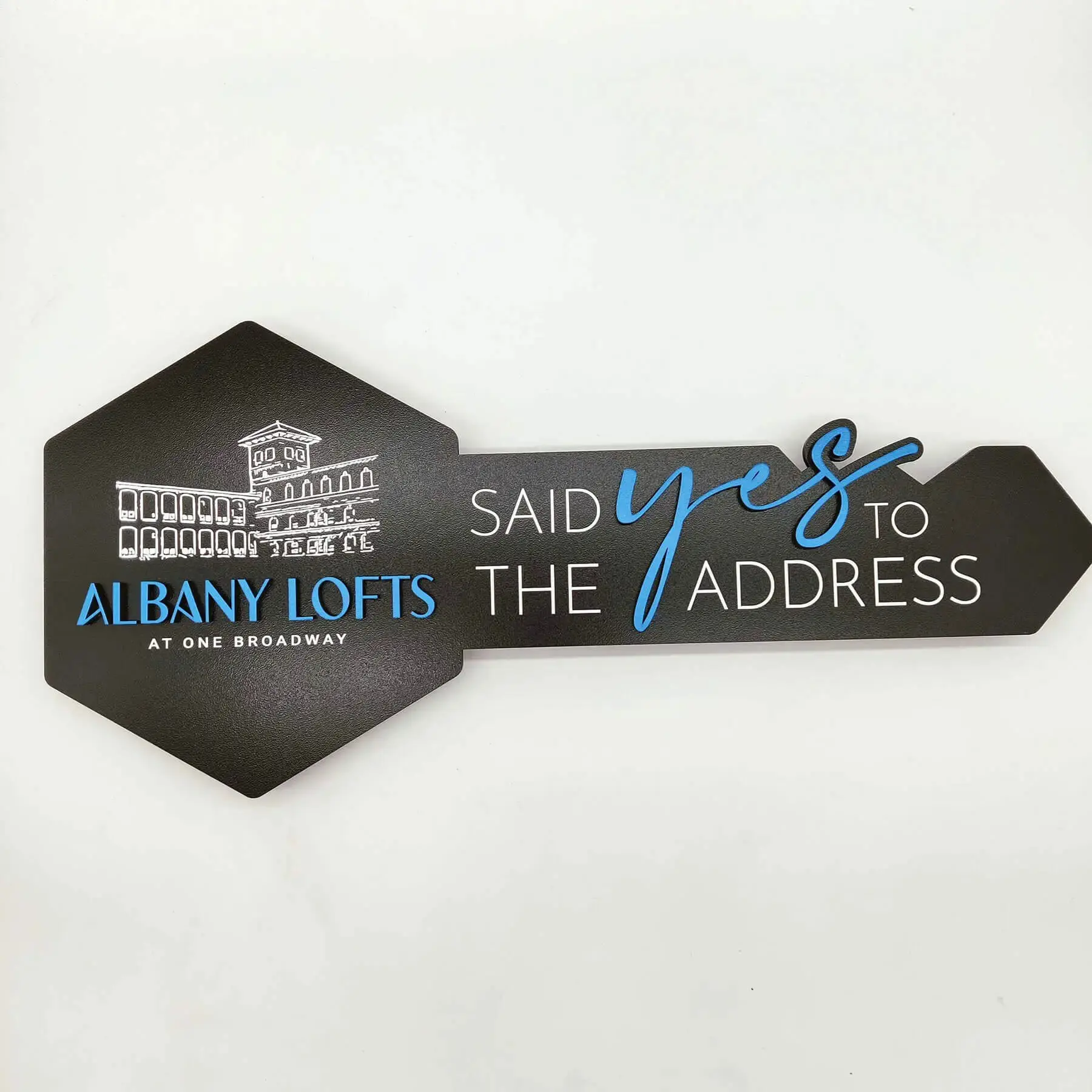 Key Shaped Sign Black "Said Yes to the Address" with logo