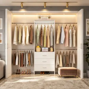 Aheaplus Closet System with 3 Drawers and 5 Hanging Rods, 77''-118''W Adjustable Walk-in Closet Organizer Clothes Rack For Small Spaces, Easy Assembly