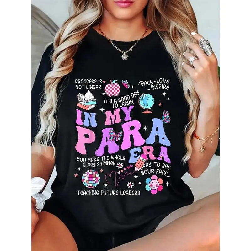 Vintage 'In My Para Era' Graphic T-Shirt for Paraprofessionals, 100% Cotton Unisex Top with Distressed Look Print, Casual Shortsleeve Streetwear, Women, Playful Vibe