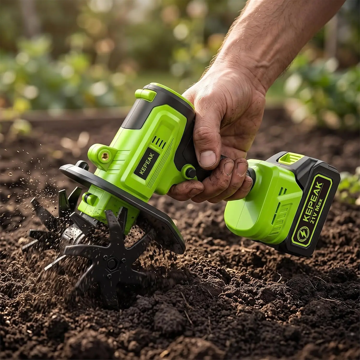 【BackToSchool】KEPEAK Portable Micro Tiller Tool, 10-Cell Lithium-Powered Anti-Vibra. Dual-Grip Handheld Garden Cultivator with 1300mAh Battery, US Plug Charger, Carry Box, Gas-Free Cordless for Clay/Roots Soil Loosening, Weeding in Small Backyards, Inches