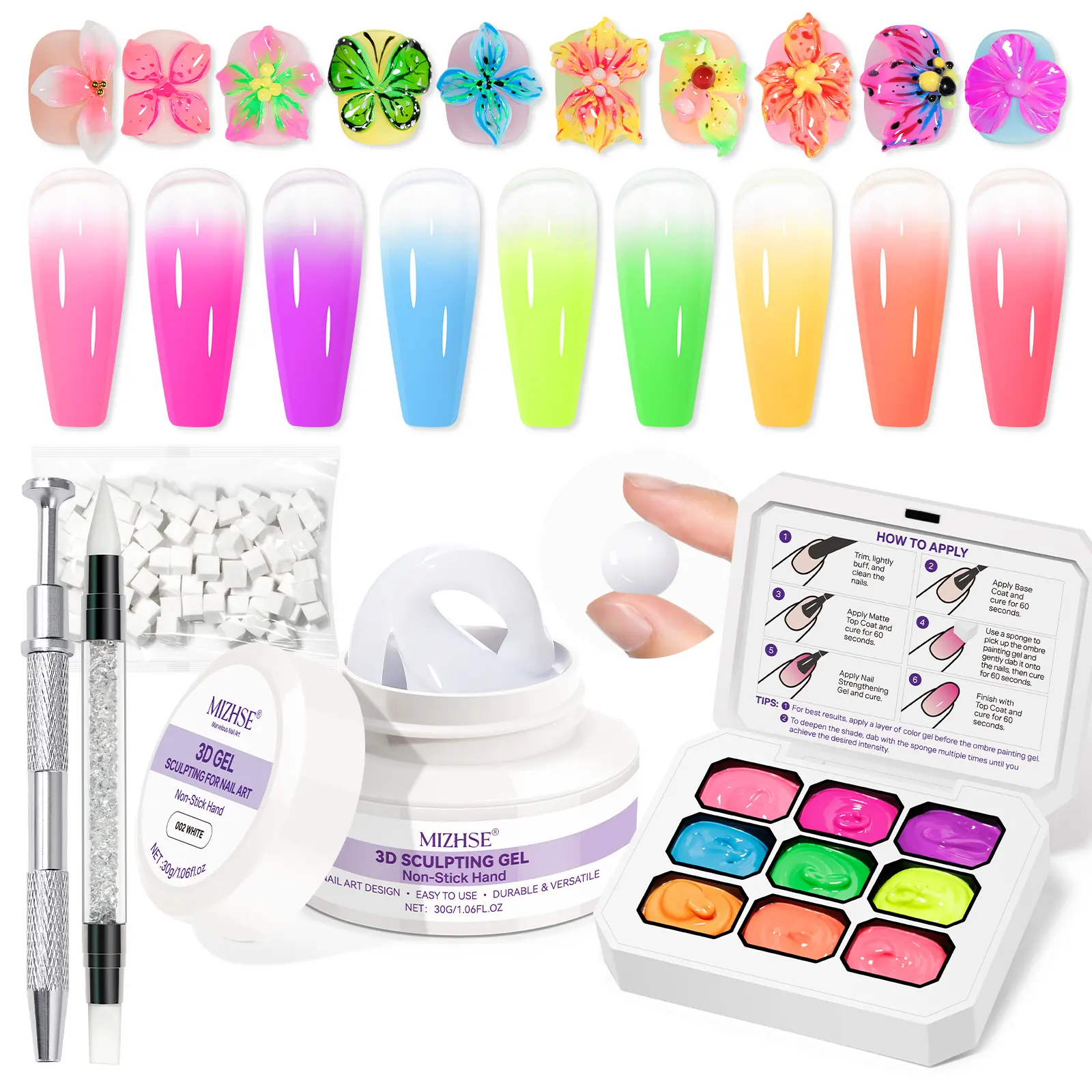 [Pre-orde] MIZHSE Solid 3D Nail Gel + Pat Pat Ombre Gel Set – DIY Nail Art Design Tool for Easy 3D Flowers & Ombre