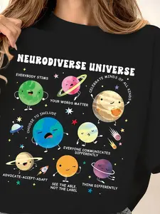 Neurodiverse Universe Graphic Tee, Oversized Loose Fit Cotton Top, Casual Summer Short Sleeve, Comfortable Home Wear, Trendy Design