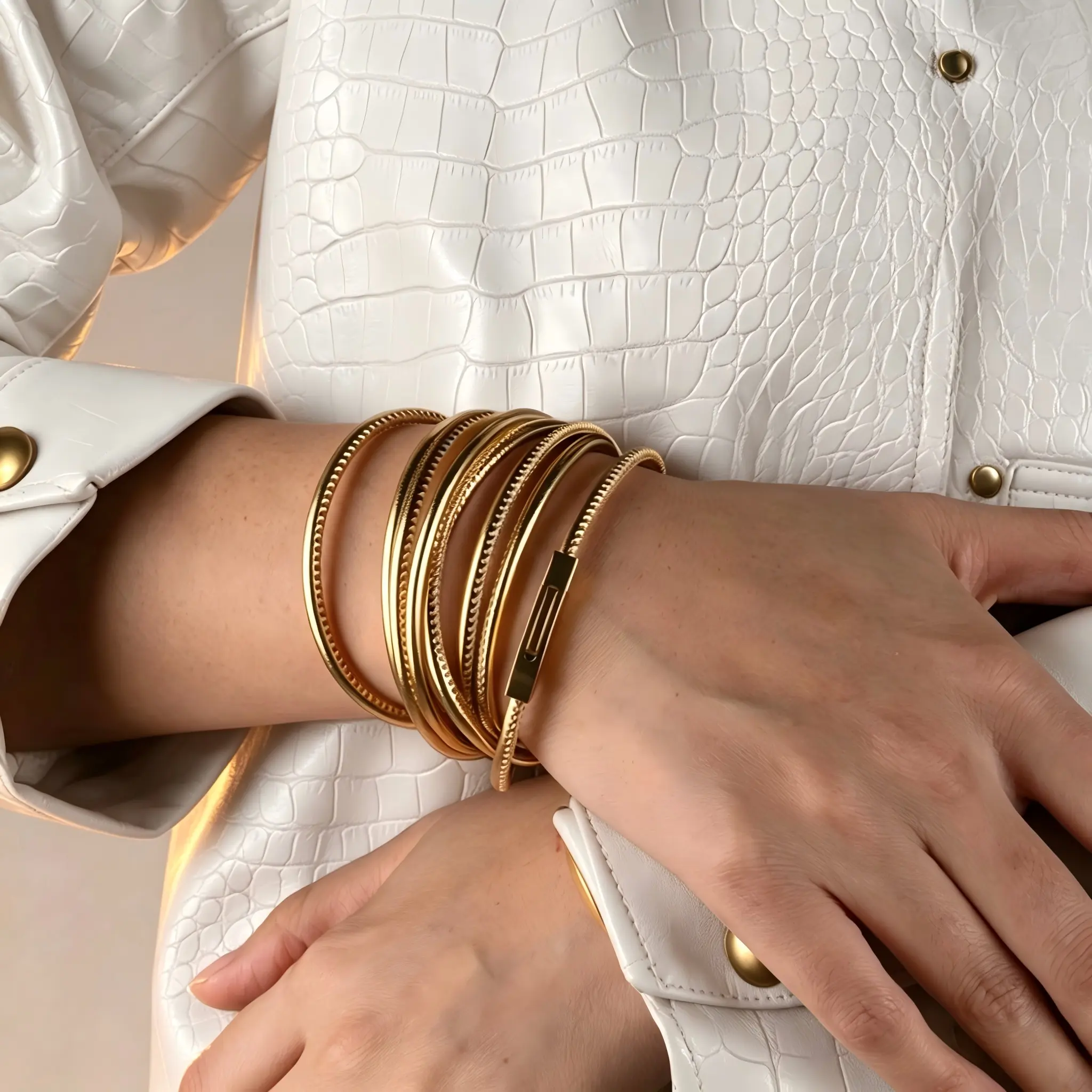 Italian Designer Luxury Multi-Coil Wrap Stackable Bangles for Women, 14K Gold Plated Clasp Open Cuff Stacking Bracelet