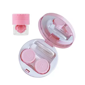 Contact Lens Case with Cleaner Washer,Contact Case with Mirror Tweezers Remover Tool Solution Bottle for Travel (Pink)