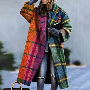 Long Sleeves Loose Contrast Color Plaid Split-Joint Lapel Outerwear Windbreakers Coat