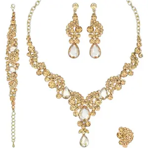 Elegant Crystal Necklace Earrings Bracelet Ring Bridal Wedding Party Costume  Sets for Brides Women