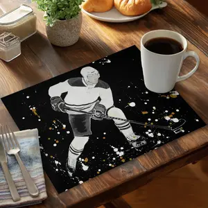 360 stand Rectangular Hockey Player Action Gray Polyester Placemat Set - 14x18 in Kitchen Tableware with Coasters for Drinks, Sports Theme Table Top Decor, Protects Tables