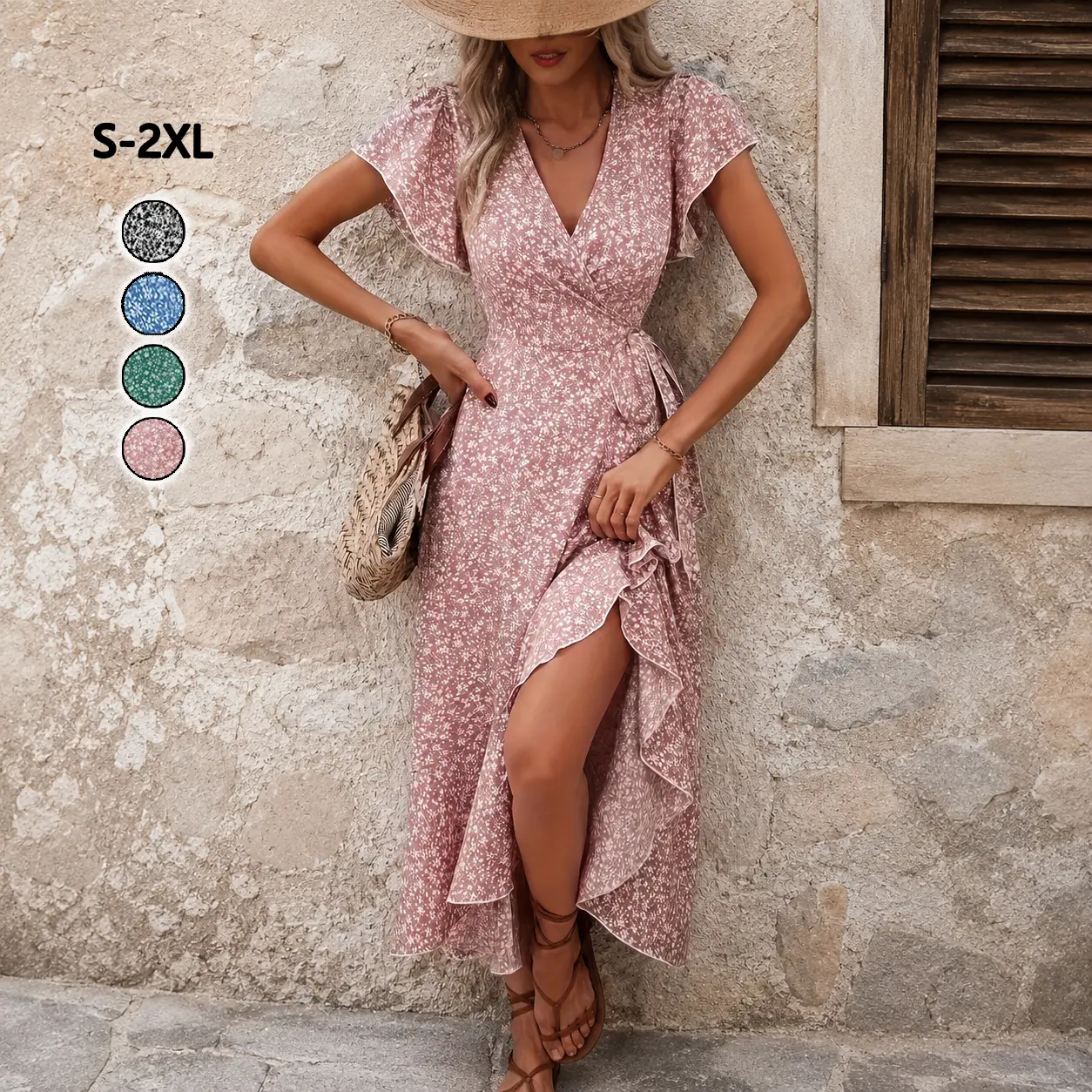 Women's Summer Summer Boho Floral Print V-Neck Faux Wrap Maxi Dress for Wedding Guest, Graduation, Party