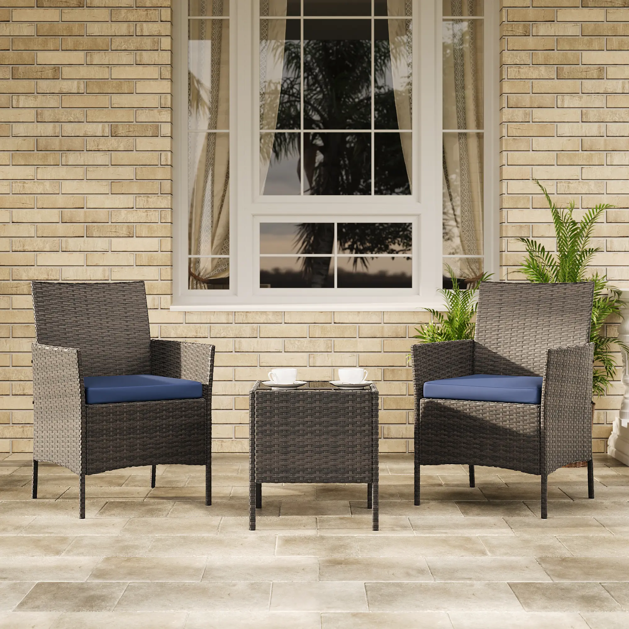 Brown gradient four-line rattan + blue cushion