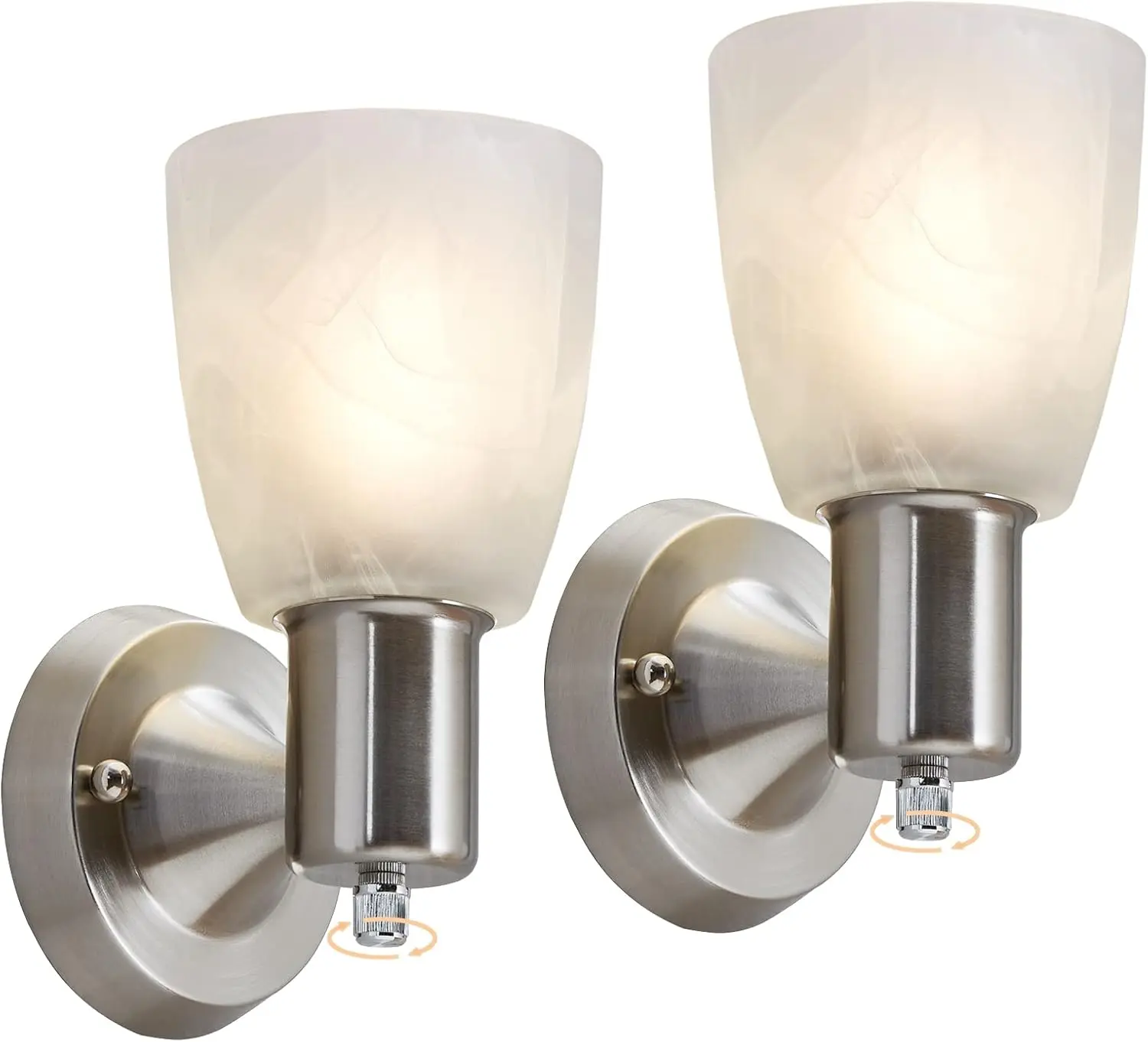Wall Sconces Set of 2, Brushed Nickel Vanity Lights for Bathroom, Modern Wall Light Fixtures with Rotary Switch, Wall Mount Light with Frosted Glass, Farmhouse Lamp for Bedroom Living Room