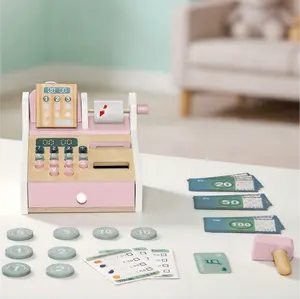 Wooden Simulation Market Playcenter Toy with Miniature Accessories, Pretend Play Calculator Set with Wooden Money Props for Toddler Girls Boys Ages 3+, CPC Certified