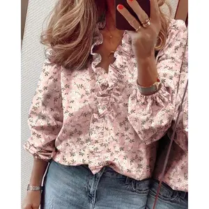 Plus size spring/summer new shirt fashion casual long sleeved V-neck women's ruffled edge shirt solid color printed loose top Fit Clothes Pink Floral
