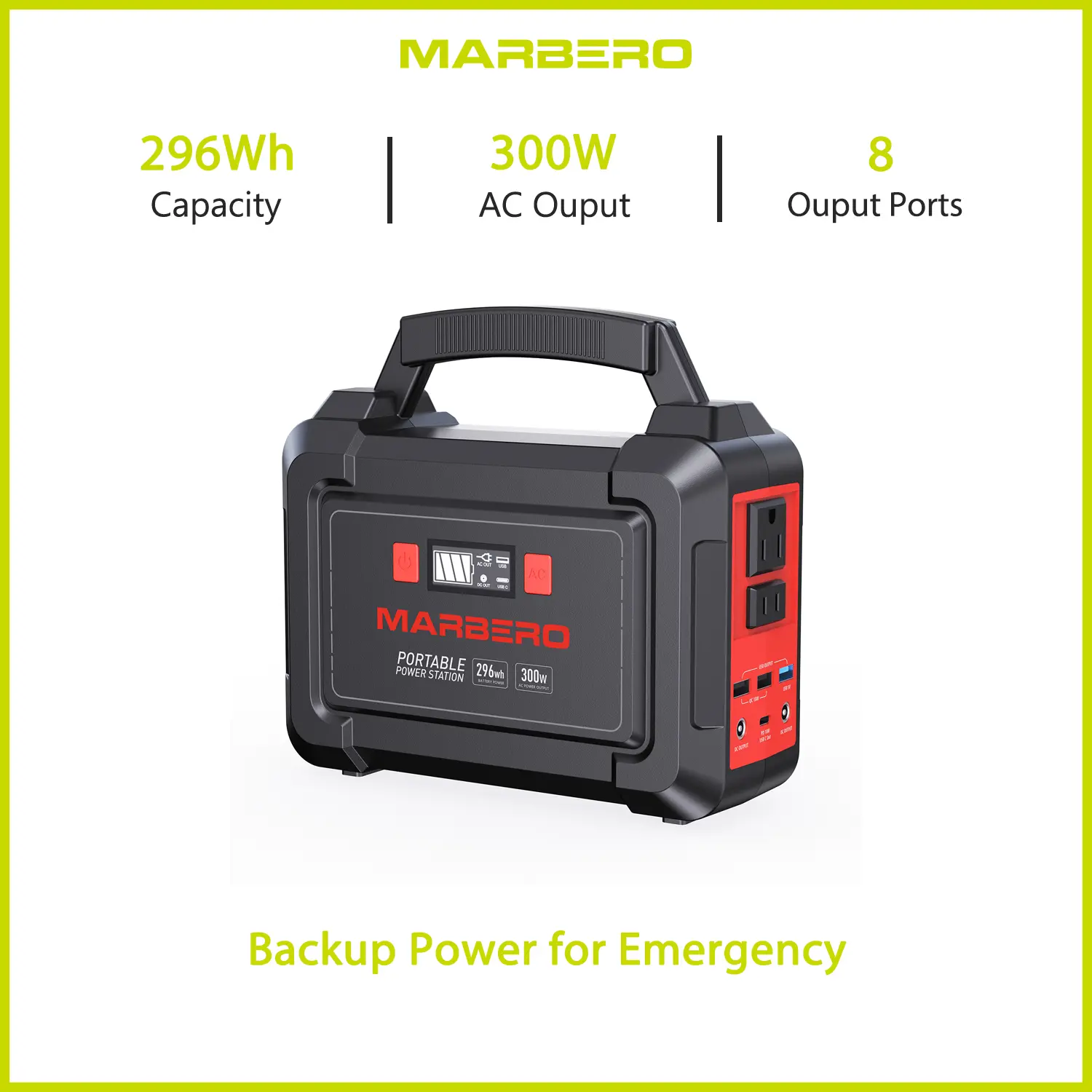 MARBERO 296Wh Portable Power Station - 2x300W Pure Sine Wave AC Outlets, 330W Surge, 8 Output Ports, Built-in Flashlight with Strobe/SOS, Rechargeable Batteries for Camping, Blackout Emergencies