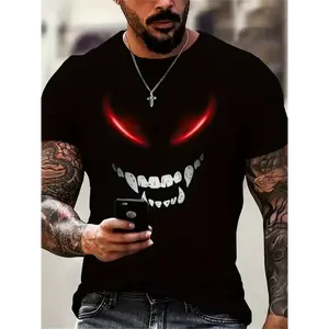 Men's Devil Smile Graphic T-Shirt - Soft Cotton Crew Neck Tee with Bold Red Eye Design, Comfortable & Stylish for Casual Wear, Fitness & Everyday Use, Leisure Clothing | Devil Smile Print | Cotton Knit Shirt, Cute T Shirts