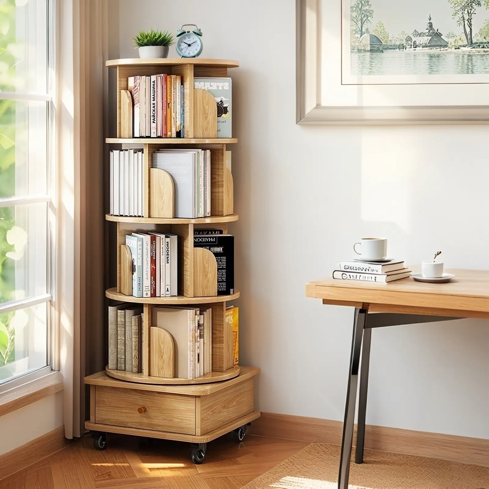 5 Tier Rotating Bookshelf, 360° Display Round Spinning Bookshelf with Wheels, Space-Saving, Small Space Rotating Bookshelf Tower for Bedroom, Living Room, Home, Office, Wood Color
