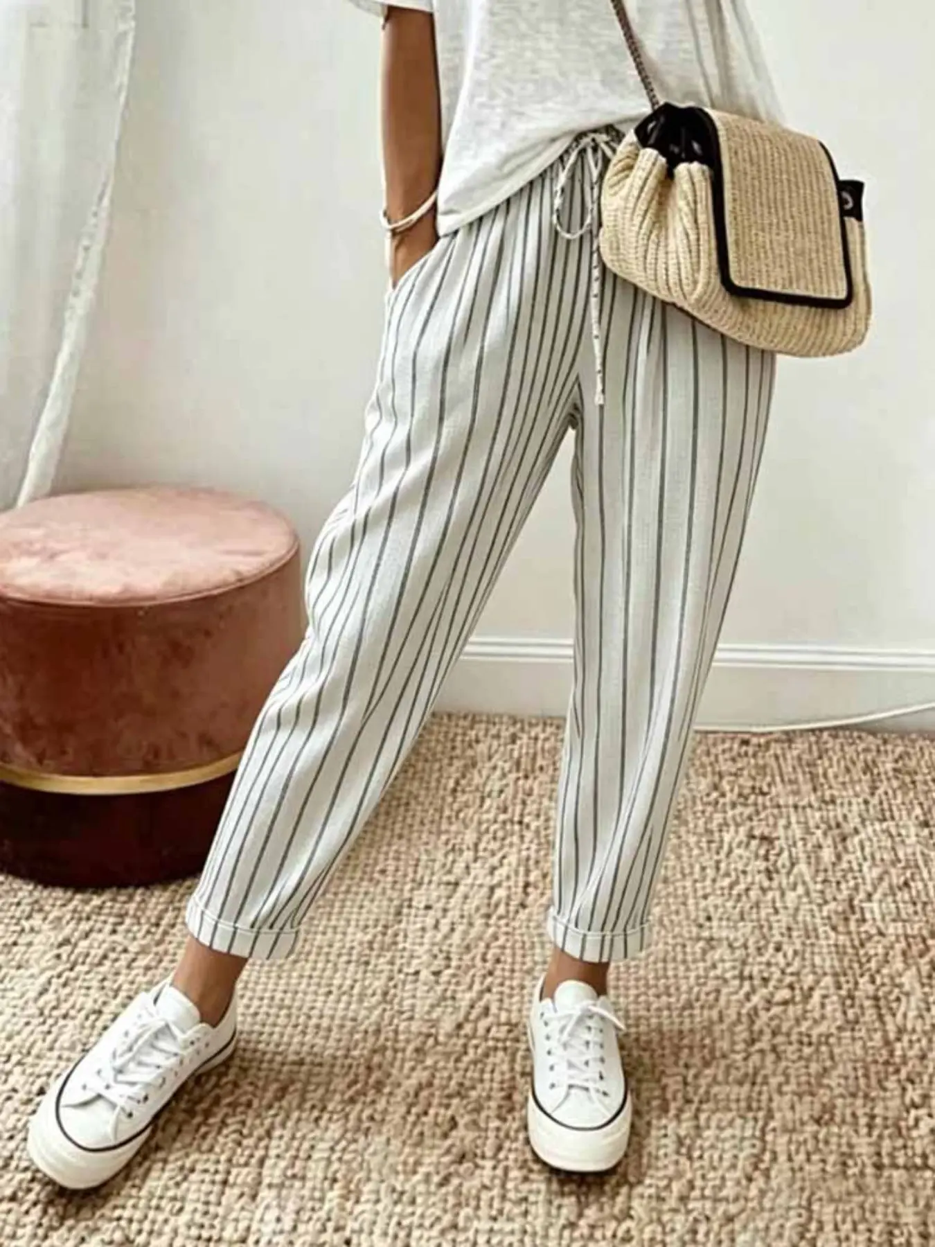 Women's Spring Summer Casual Commuter Striped Long Pants, Casual Slacks, Casual Wear Bottoms, Casual Style Bottoms, Elastic Waist Drawstring Tie, Slim-Fitting, All Seasons