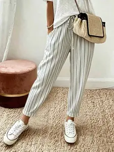 Women's Spring Summer Casual Commuter Striped Long Pants, Casual Slacks, Elastic Waist Drawstring Tie, Slim-Fitting, All Seasons