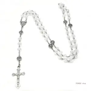 Crystal Beaded Rosary Necklace with Cross Pendant, Catholic Religious Long Chain Jewelry, Elegant Minimalist Prayer Beads Necklace, Lightweight Faith-Inspired Accessory for Daily Wear, Baptism Gift, Confirmation Gift & Special Occasion Jewelry