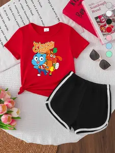 Summer Girls Casual Sports Short Sleeve Shorts Set, Sportswear Set, Cartoon Print Athletic Top, Loose Fit Comfortable, Breathable, Perfect for Outdoor Play