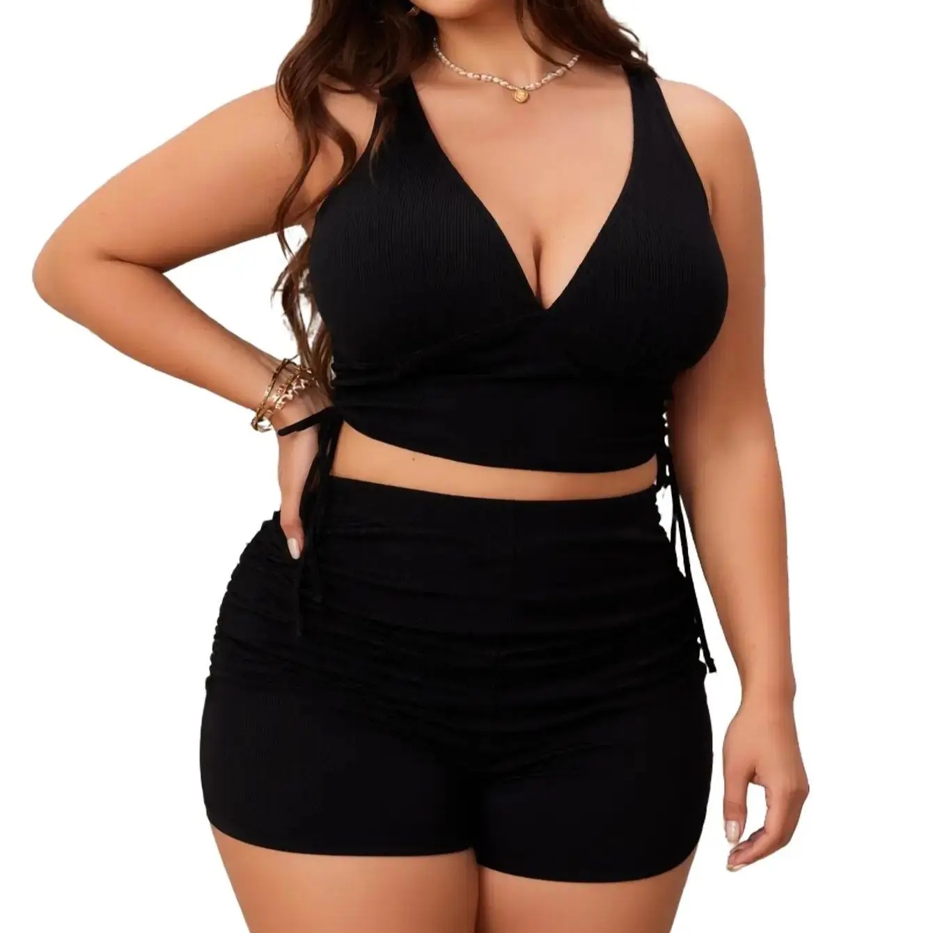 Plus Size Black Ribbed Tankini Set, V-Neck Cross Back Drawstring Two-Piece Swimsuit, Tummy Control Slimming Swimwear with Boyshort Bottoms