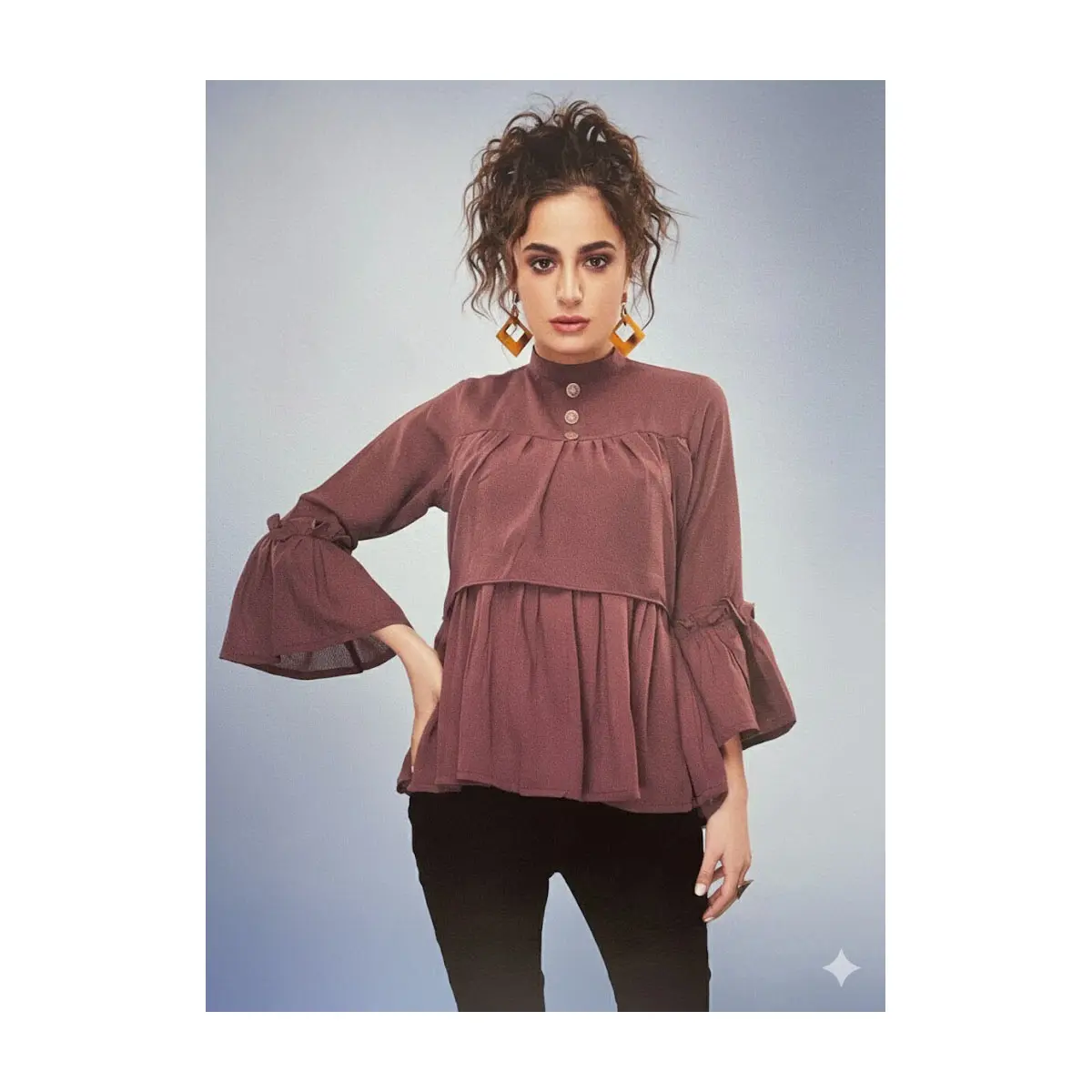 ANU_303 Elegant Burgundy Ruffle Sleeve Blouse