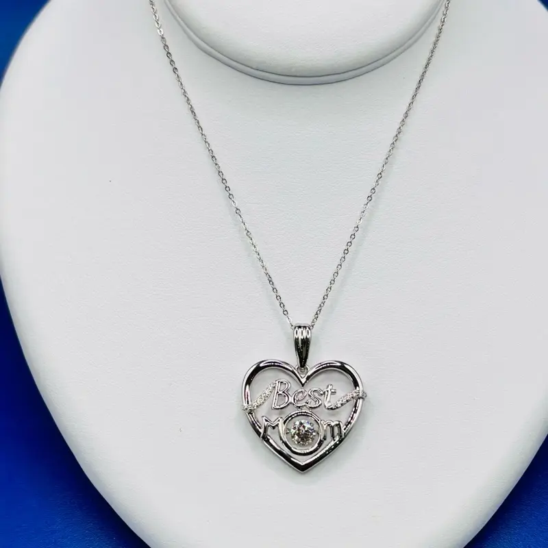 Twinkles Best Mom Sterling Silver & Swarovski Crystal Dancing Stone Pendant With Chain