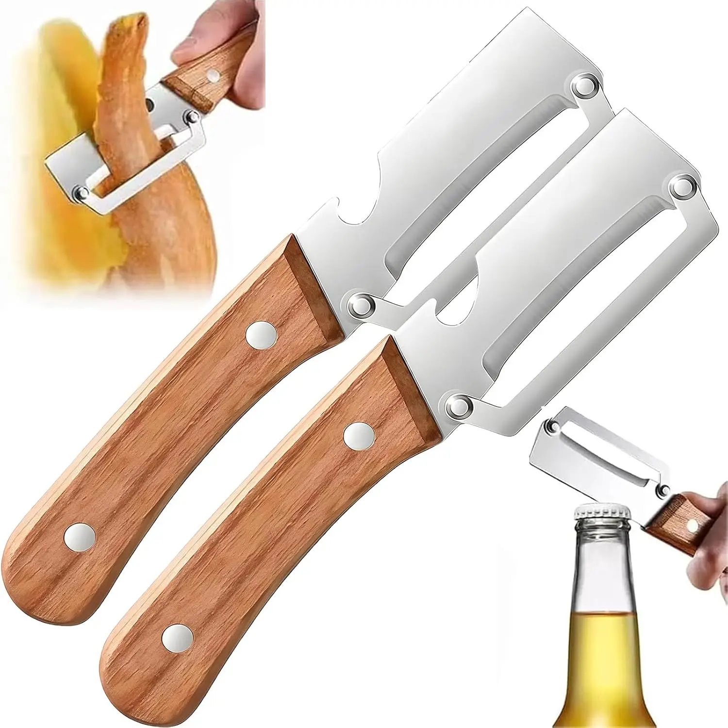 professional use Kitchen Utensil 2-Piece 2-in-1 sharp stainless steel - wooden-handled Peeler Set - ergonomic Non-Slip Grip, Bottle Opener, Sharp Blade, Steel-Wood Mix Construction for Home vegetable peeler & Fruit Peeling， sugar cane