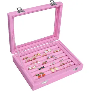 Rings Organizer Tray 7 Slots Velvet Jewelry Earring Storage Box with Transparent lid Jewelry Display Case for Girls Wife Mom Women Glass Gift