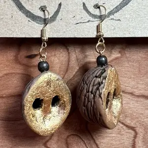 Black Walnut Shell Earrings with Gold Leaf and Repurposed Beads