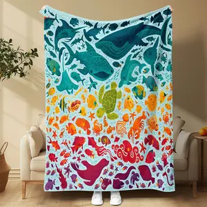 Ultra-Soft Rainbow Ocean Animals Pattern Blanket, Featuring Colorful Whales, Turtles, and Fish, Perfect for Summer Naps and Holiday Gifts