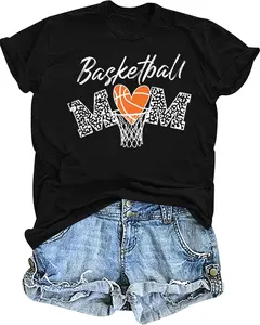 100% Cotton Fashion Garment Basketball Mom Shirts for Women Game Day Shirt Mom t-Shirt Basketball Tees mom Life Shirt Casual Round-Neck Tops