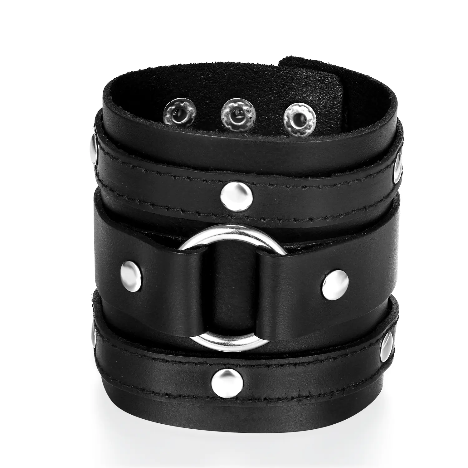 OIDEA Adjustable Leather Bracelet for Men, Punk Biker Studded Cuff with Metal O-Ring, Extra Wide 2.95" Wristband, Adjustable Leather Bracelets & Bangles, Dark Aesthetic Bracelets & Bangles