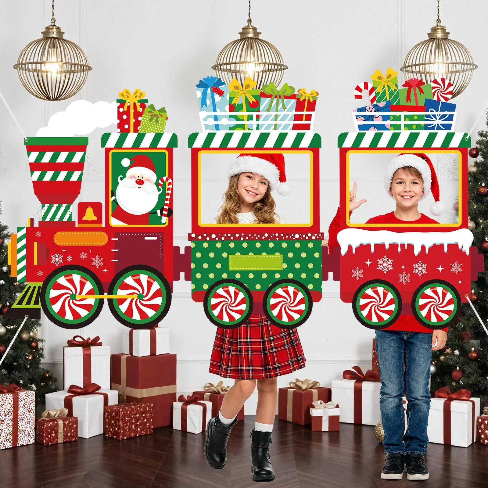 Printed Christmas Santa Figure & Gingerbread House Fabric Photo Booth Backdrop - Decorative Banner for Xmas, Birthday Home & Party Door Wall Hanging Decor Supplies