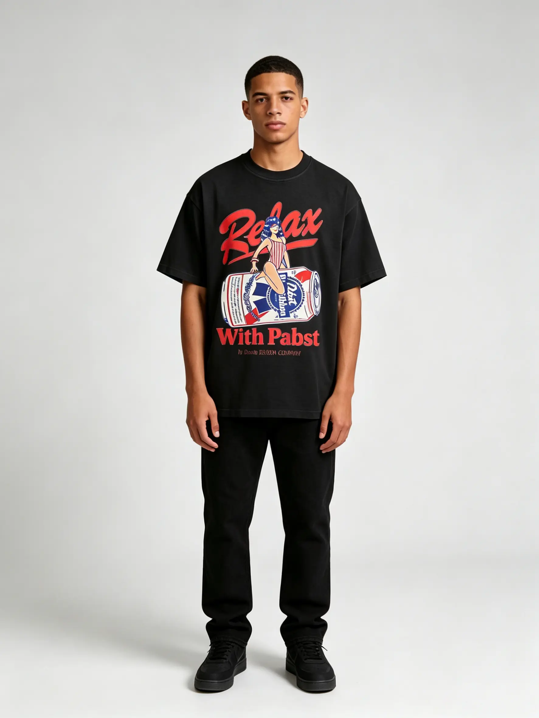Men's Retro "Relax With Pabst" Cotton Tshirt - Baggy, Breathable Shortsleeve Fabric, Vintage Pinup Graphic, Classic Loose Casual Top (Also for Women)