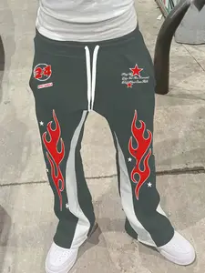 Men's American Streetwear Retro Flame Star Flare Pants, Casual Loose Fit Long Trousers, Drawstring Waist, Perfect for Daily Wear